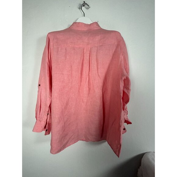 Lands End Womens Plus Size 2X 20W-22W Pink Linen Button-Down Shirt Roll Sleeves - Picture 2 of 8